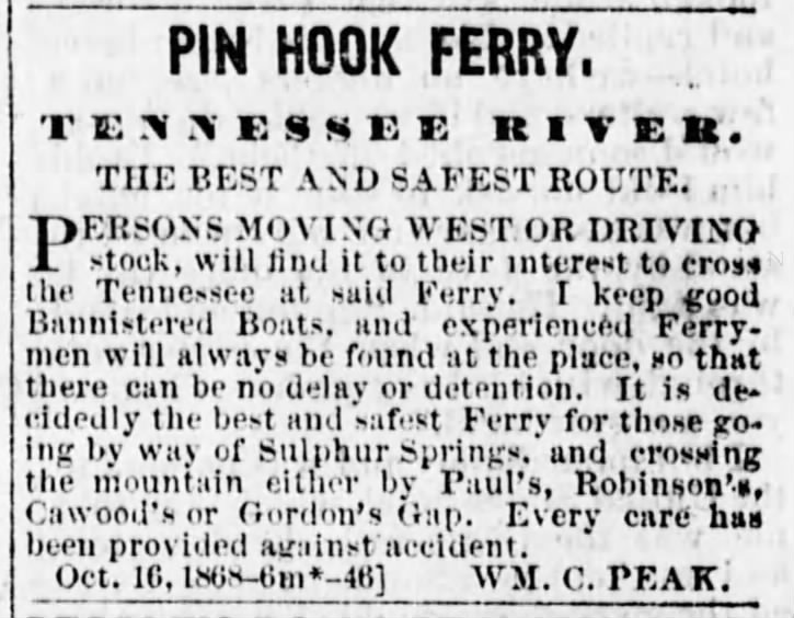 Pin Hook Ferry Advertisement, The Athens Post, November 6, 1868